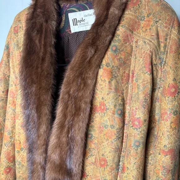 Vintage Maple Furriers Fur Collar Leather Swing Coat‎ Floral Brown Boho RARE - Picture 2 of 11